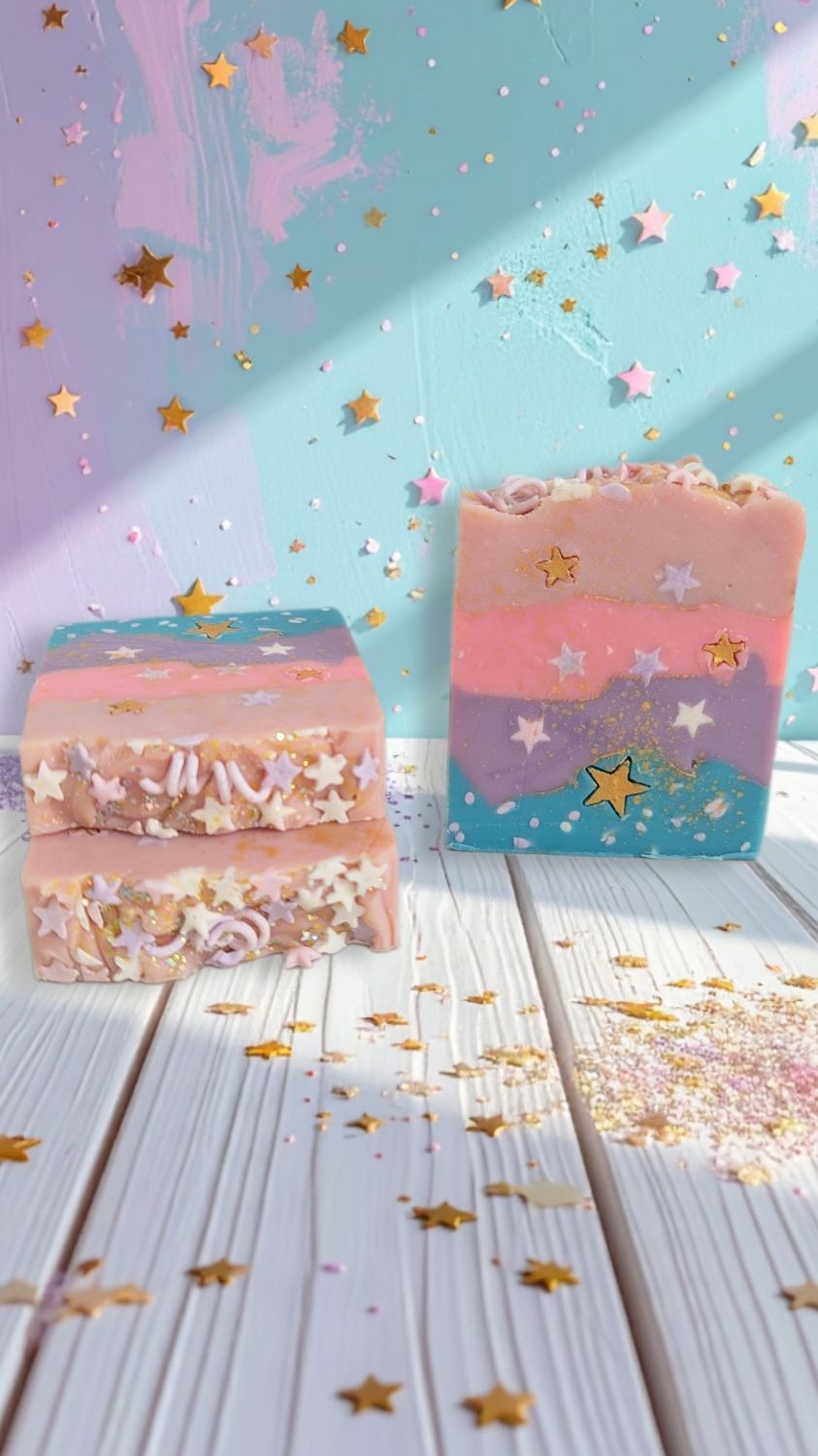 Esperanza Soap Colorful layered soap bars on a wooden surface with gold star confetti.