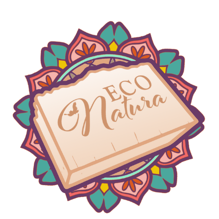 Logo featuring "Eco Natura" on a natural soap design with floral motifs.